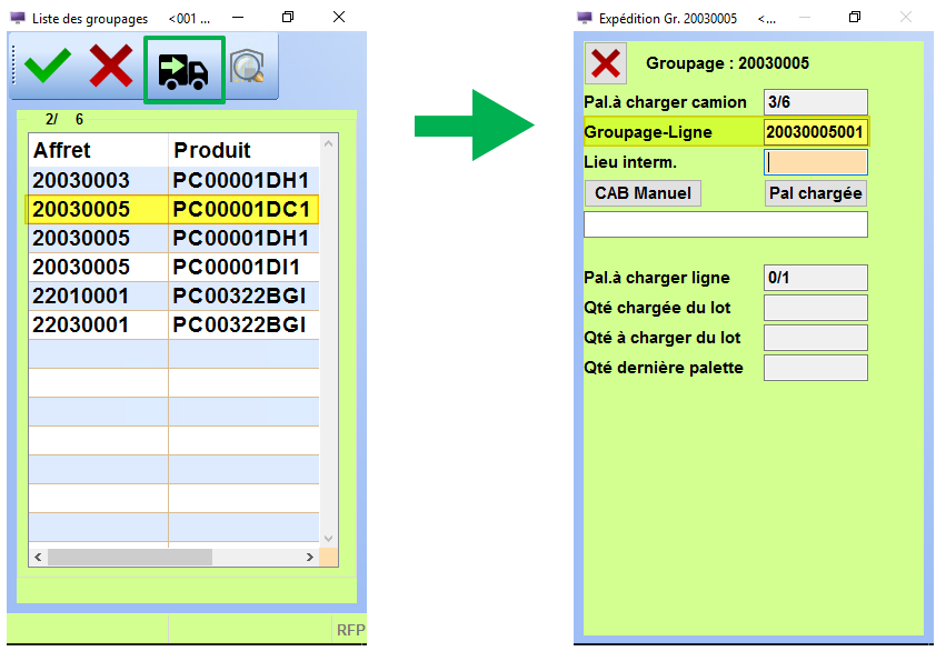 Exemple d'alimentation automatique du numéro et de la ligne de groupage dans le programme
de préparation de commande