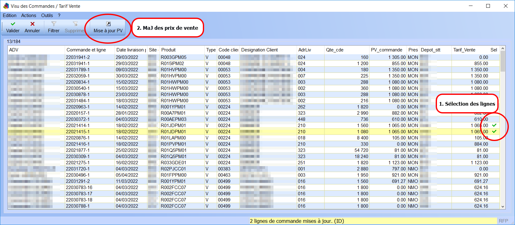 Sélection des lignes de commande et bouton d'actualisation des prix de vente