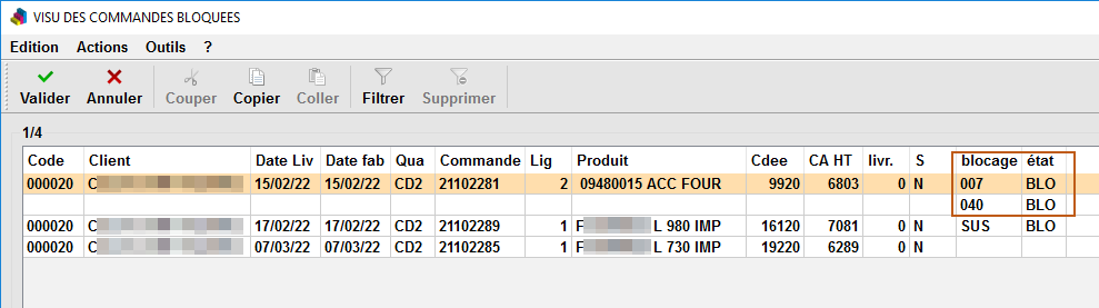 Lignes bloquées dans la visualisation des commandes