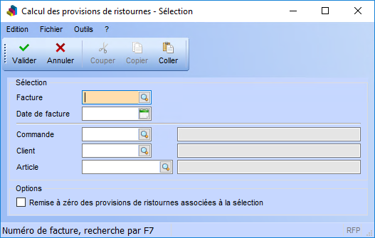 Écran de sélection des factures pour lesquelles calculer et/ou remettre à zéro les
provisions de ristourne